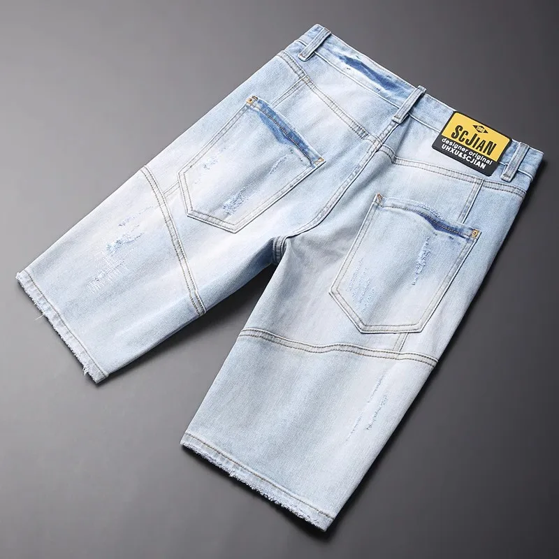 Summer Trendy Fashion Men Jeans Retro Light Blue Spliced Designer Elastic Ripped Short Jeans Vintage Casual Denim Shorts Men