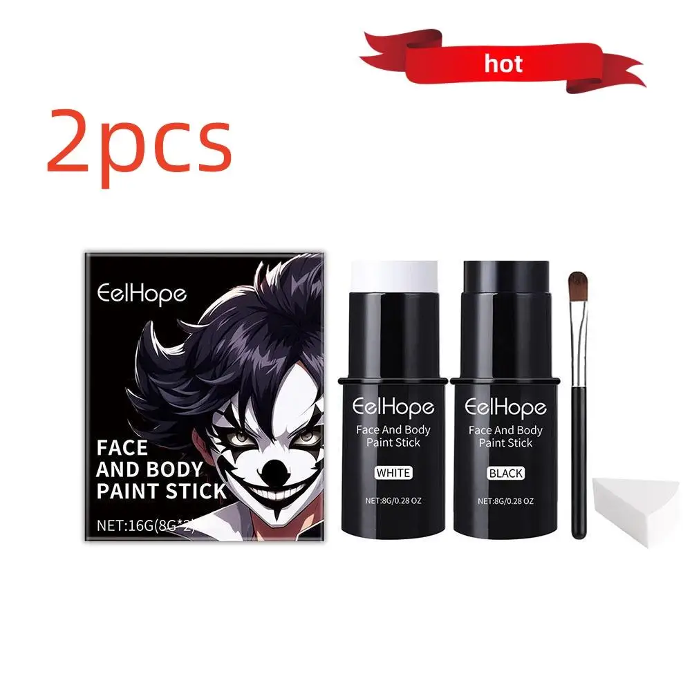 2 stuks zwart-wit gezichts- en lichaamsverfset met borstels Langdurige make-up voor Halloween Feestelijke leuke make-upaccessoires Make-upset