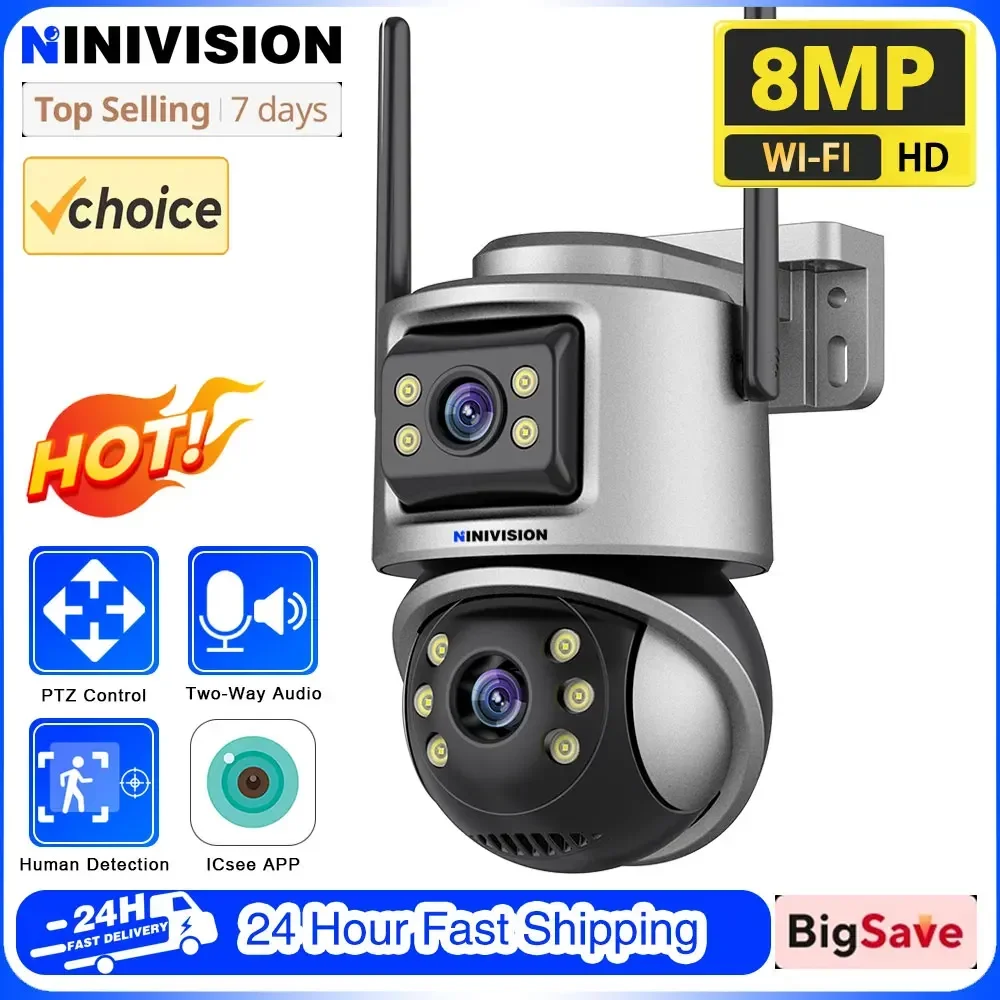 Outdoor Wireless Security IP Camera 4K 8MP HD Dual Lens External Wifi PTZ Camera Auto Tracking Street Surveillance Camera iCsee