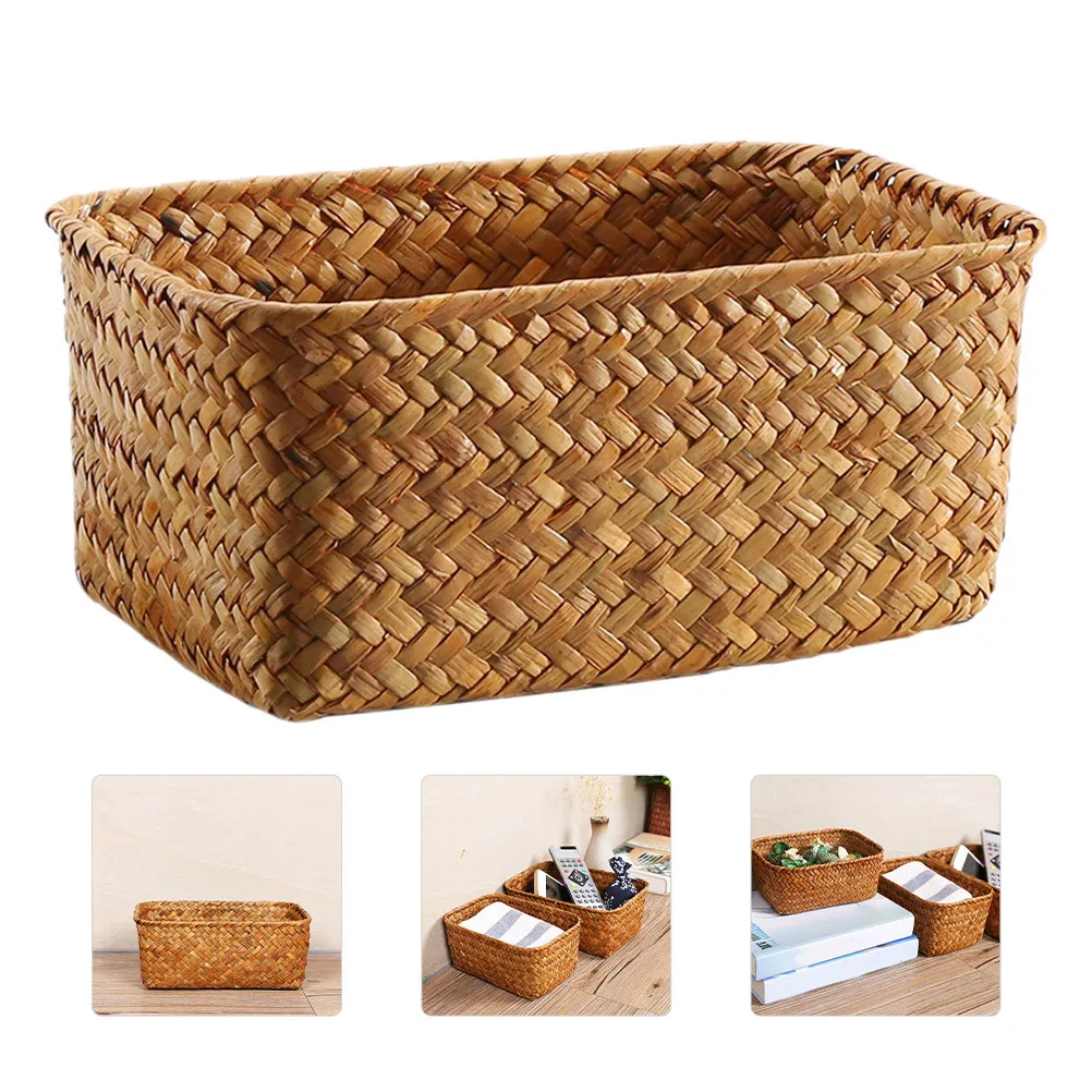 

Fabric Makeup Rattan Small Weave Wicker Storage Basket Cube Organizer Bins Natural Seagrass Woven Baskets Narrow Desk Rustic