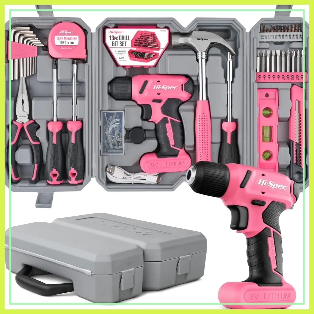 

58-Piece Pink Cordless Drill Set with Hand Tools in Toolbox, USB Rechargeable, 8Nm Torque, 300rpm
