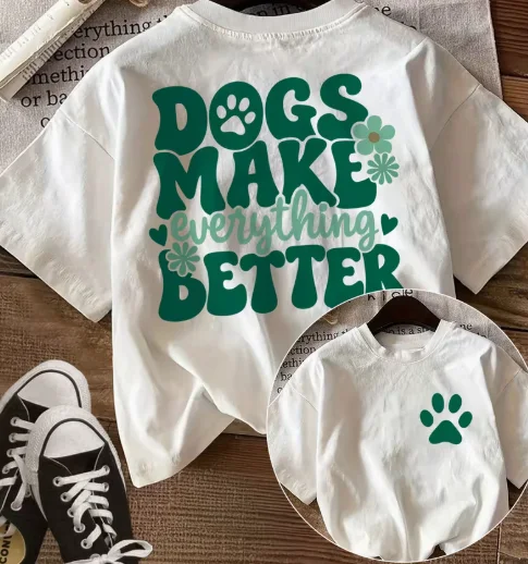 Ladies' Spring/Summer Top Cute Claw Print Flower Dogs Make Everything Printed Casual Round Neck Short Sleeve