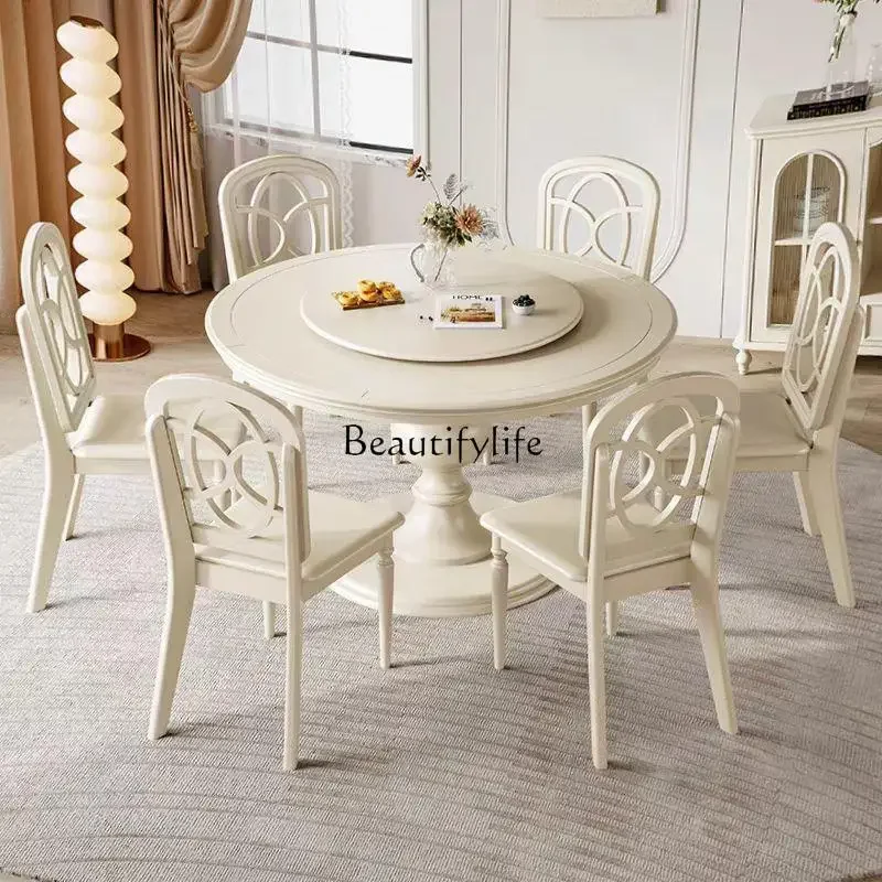 

09 French cream style solid wood round dining table and chair combination American simple home