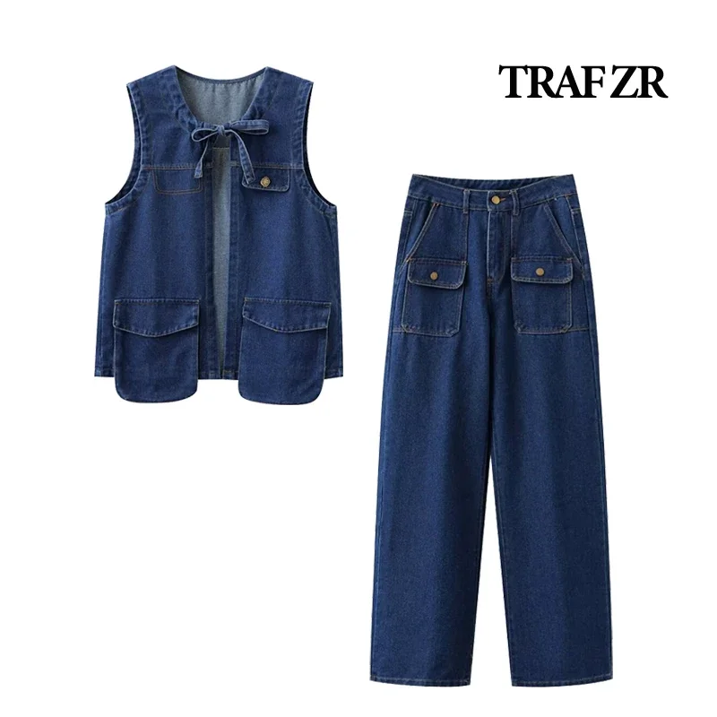 TRAF ZR Demin Sets for Women 2 Pieces Groups of Pant Denim Vest and Jeans New in Matching Sets 2024 Y2k Women's Fashion Suits