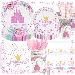 Pink Princess Castle Theme Children's And Girls' Birthday Party Decoration Supplies Paper Cup, Paper Napkin, Tableware Set