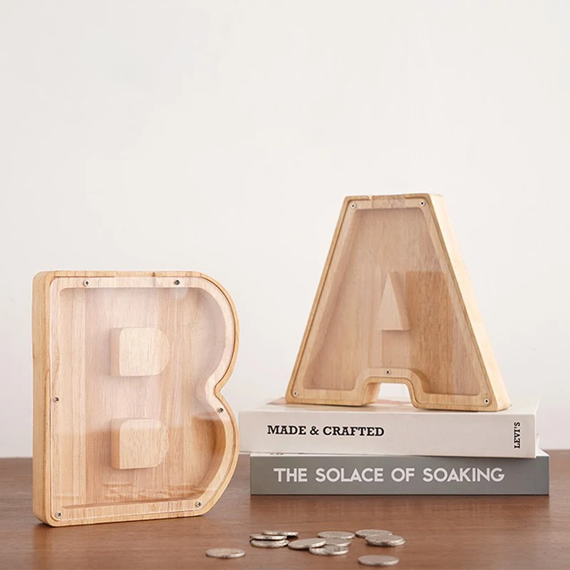 بنك أصبع المال للأطفال ، صندوق حفظ الحروف الخشبية ، زخرفة سطح المكتب ، مشغولات ديكور منزلية ، نقود عملات معدنية ، 26 أبجدية