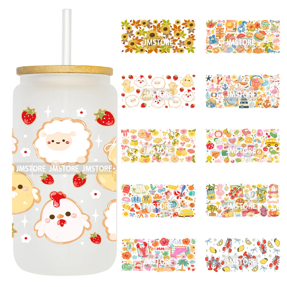 Girly Floral Butterfly Summer Fruits 16OZ UV DTF Cup Wraps Ready To Apply Waterproof Transfer Stickers For Libbey Glass Can Mug