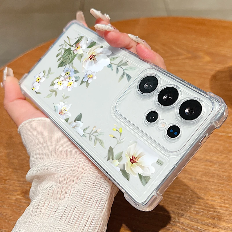 White Flower Phone Case For Samsung Galaxy A36 A56 A16 A55 A54 A15 5G S25 Edge S24 FE S25 S24 S23 Ultra S22 Plus Clear TPU Cover