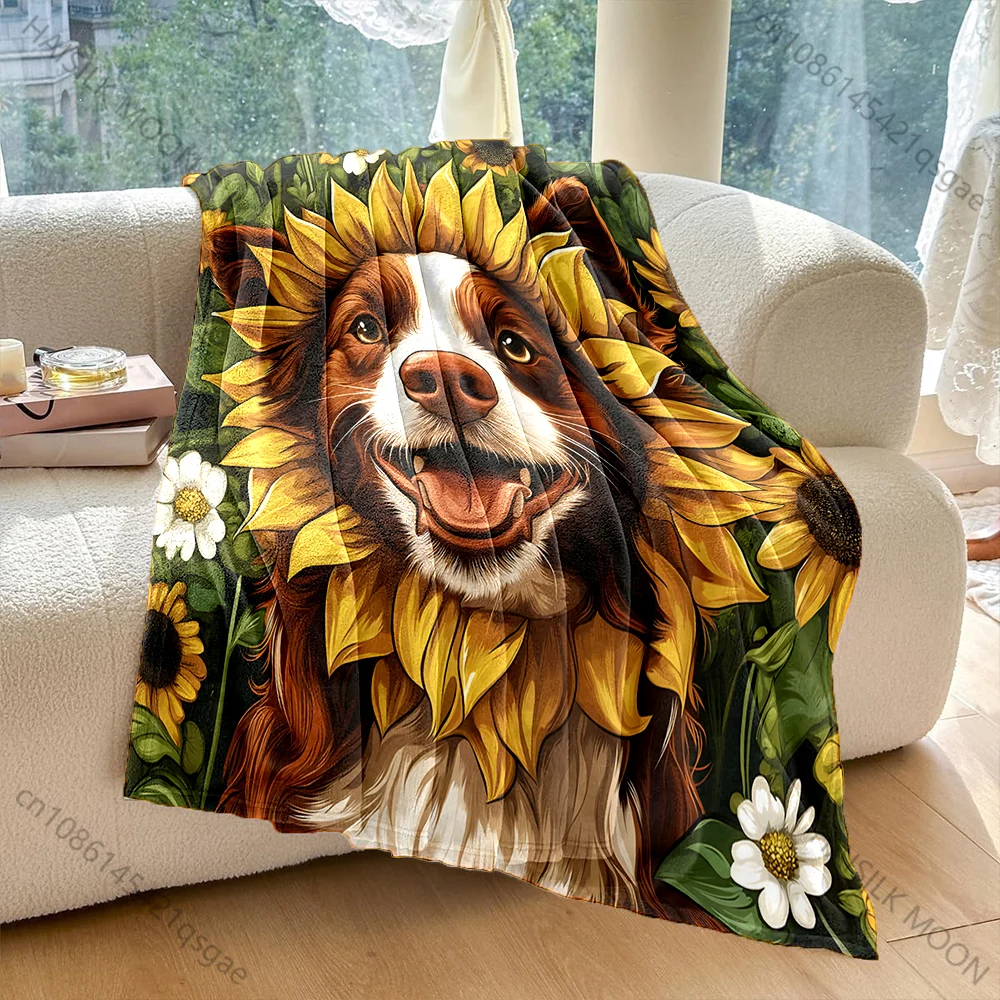 

Одеяло бордер-колли с подсолнухом и креативным принтом, фланелевой материал, мягкий, теплый для всех сезонов, домашний диван, уличный кемпинг, пикники