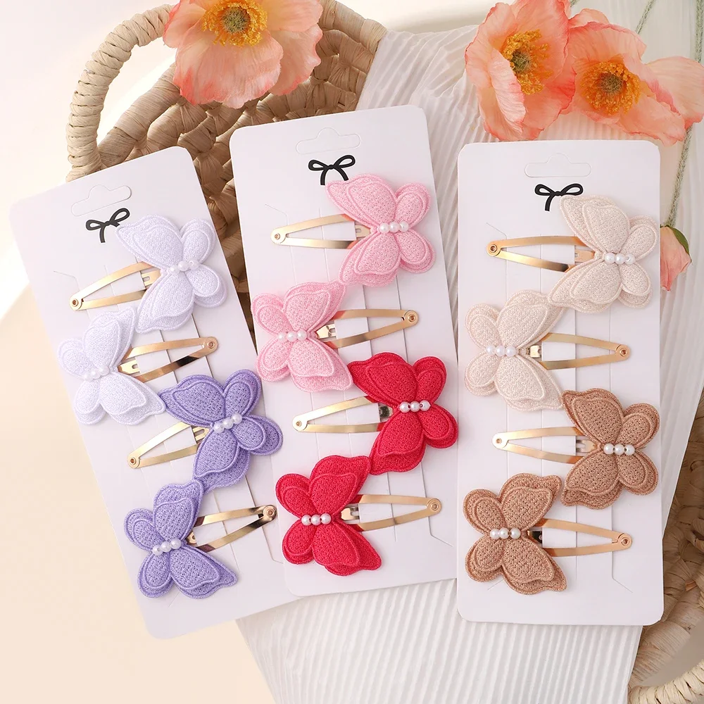 Butterfly Hair Clip Set para meninas, Double Layered Bow, Cute Bangs, Cotton Pin, Safe Kids, Baby Hair Accessories, 4Pcs Set