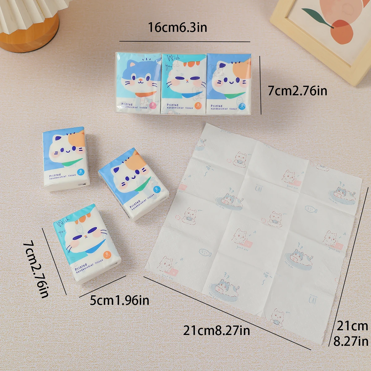 Pañuelo de papel con estampado de dibujos animados para estudiantes, pañuelo de gato de la suerte a la moda, paquete pequeño portátil para limpieza diaria, 9 unidades por paquete