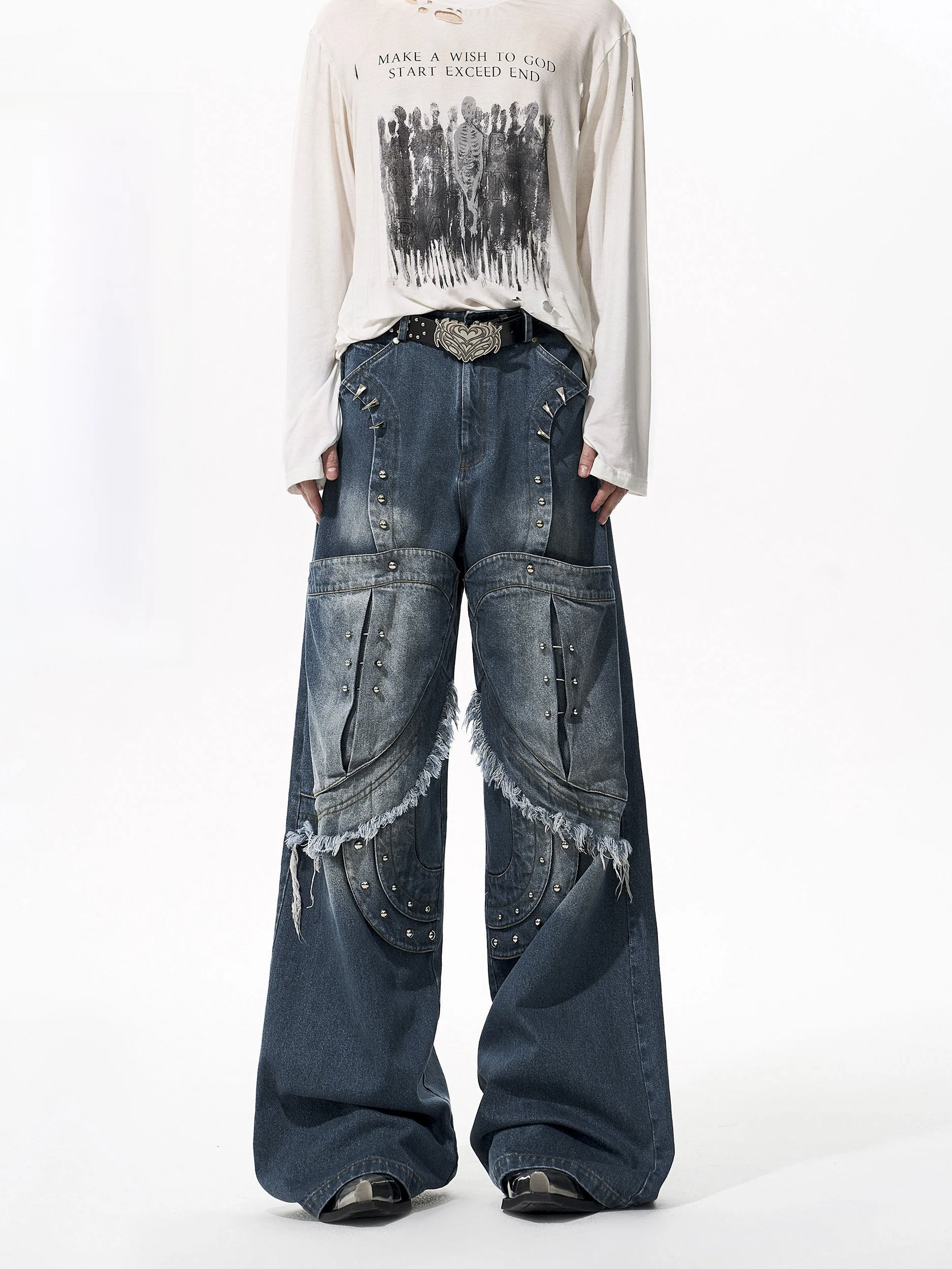 

Start Exceed End Men's Jeans Rivet Design Low Waist Cotton Straight Leg Blue Waed Autumn Faionable Trousers