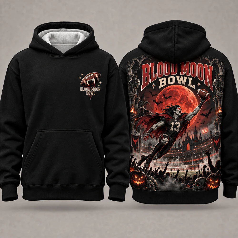 American Horror Blood Moon Football Theme Hoodie Vampire Player Double sided Printed Halloween Street Trendy Hoodie