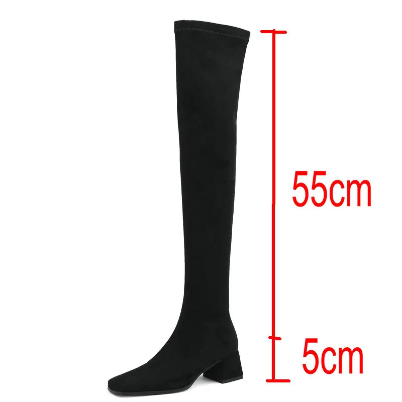 Office Ladies High Heels Over The Knee High Stretch Boots Suede Leather Square Toe Autumn Winter Party Shoes Woman Size 42 43