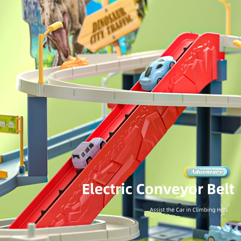 Electric Rail Car Dinosaur City Overpass Rail Car Challenge Adventure Parking Lot Children's Car Sliding Toy Christmas Gift