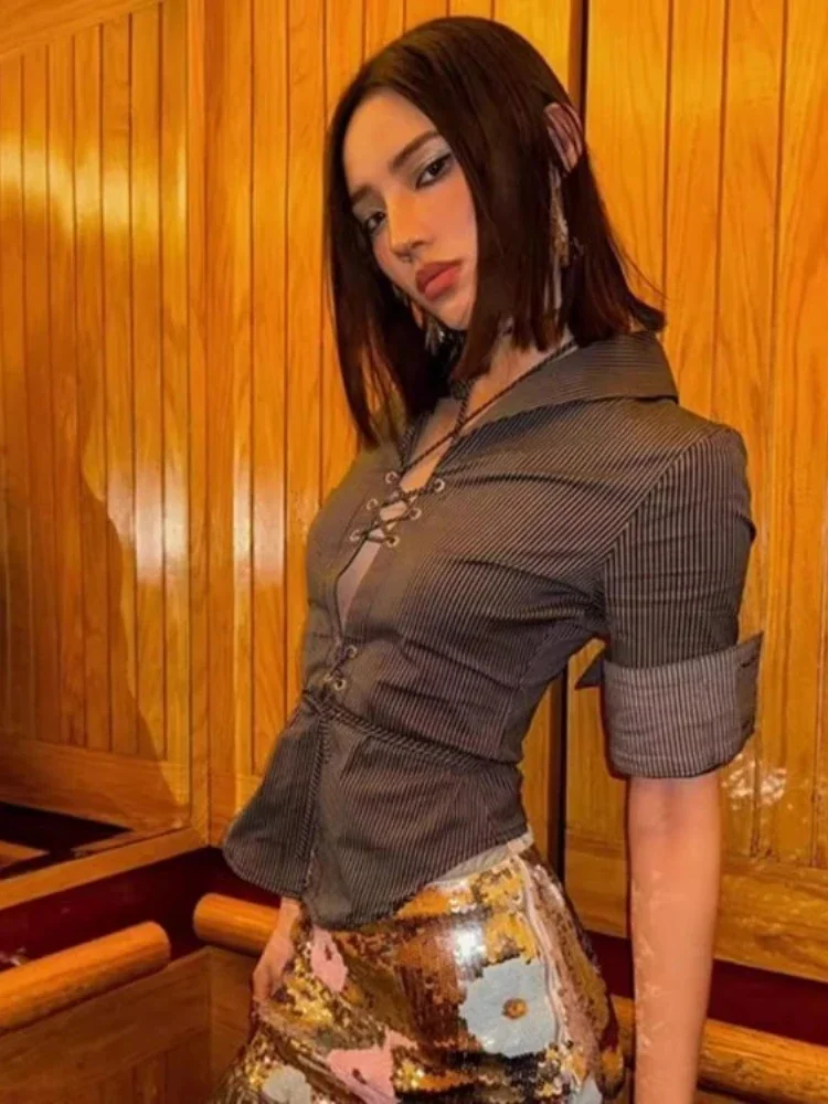 

Винтажная блузка, женская одежда, полосатые рубашки с v-образным вырезом, полые рубашки, 2021, Blusas Mujer De Moda, бандажные шикарные сексуальные летние блузки, топы