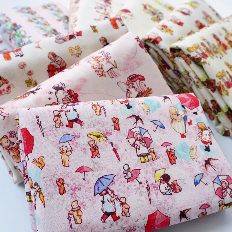 Pure Cotton Fabric Cartoon Bear Girl Pastoral Flowers Digital Printing Handmade DIY by Half Meter