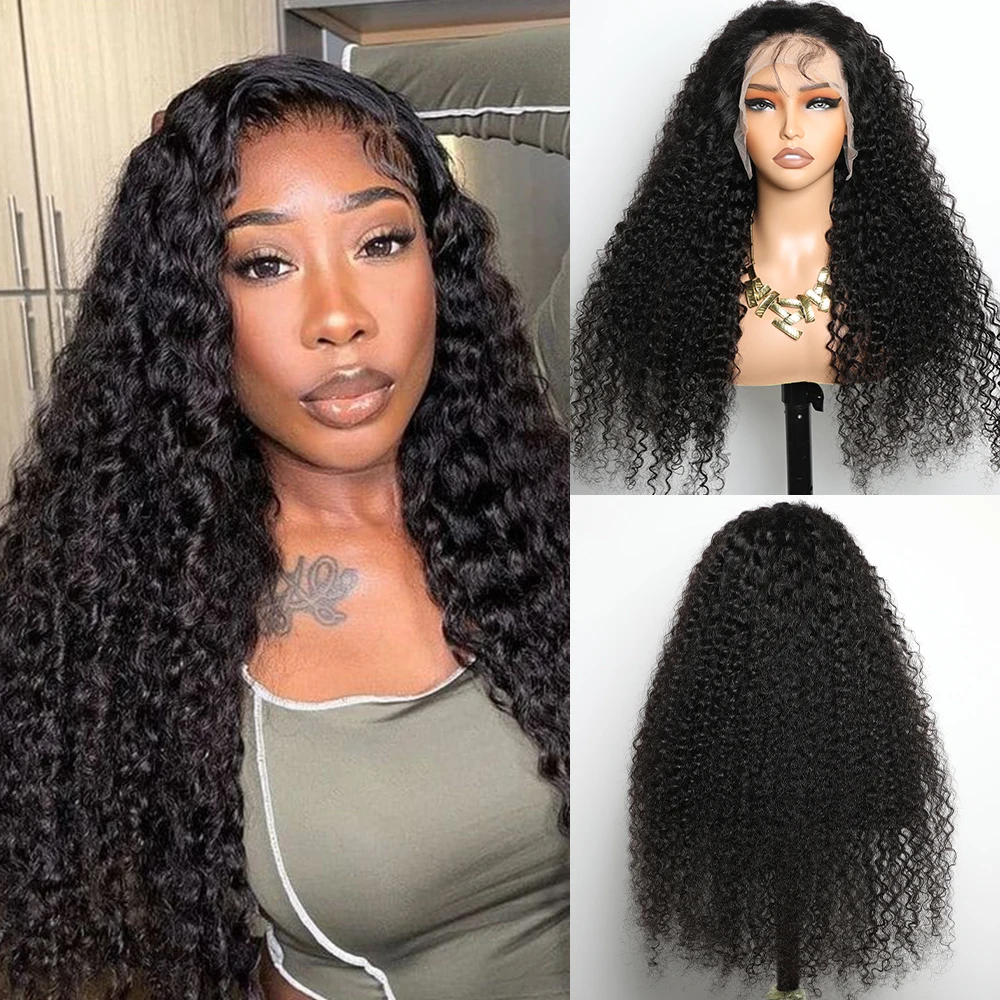 

ALIBELE Human Hair Curly Lace Front Wig Transparent Lace Frontal Wig Curly Pre Plucked Natural Black 12A Virgin Hair