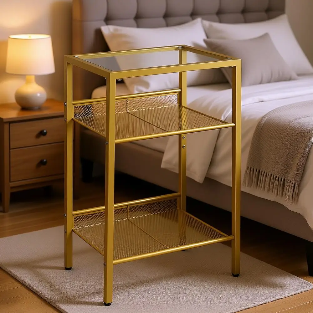

Gold Side Table, Tall Telepe End Table, 3-Tier Nightstand, Tempered Glass Tabletop