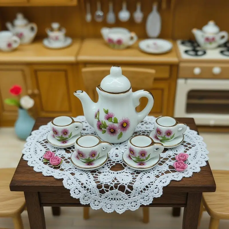 15Pcs Desk Top Mini Doll House Accessories Ceramic 7 Styles China Tea Cup Pocket Tea Set For Dollhouse Decor Kids Pretend Play