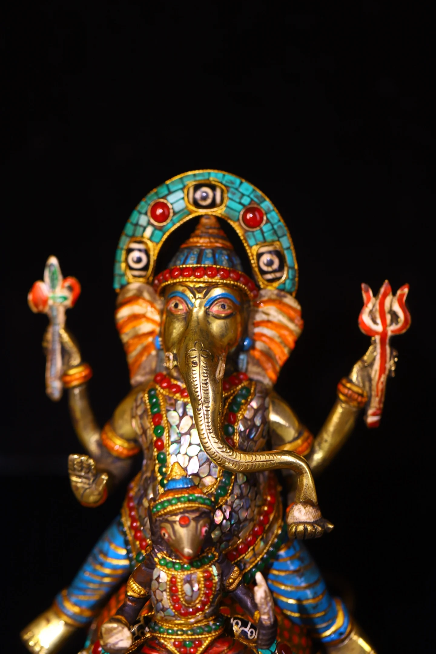 Old Lima Bronze Painted Mosaic Gem gZi Beads Turquoise Elephant Trunk God of Wealth GANESH mount Sitting Buddha Worship Hall