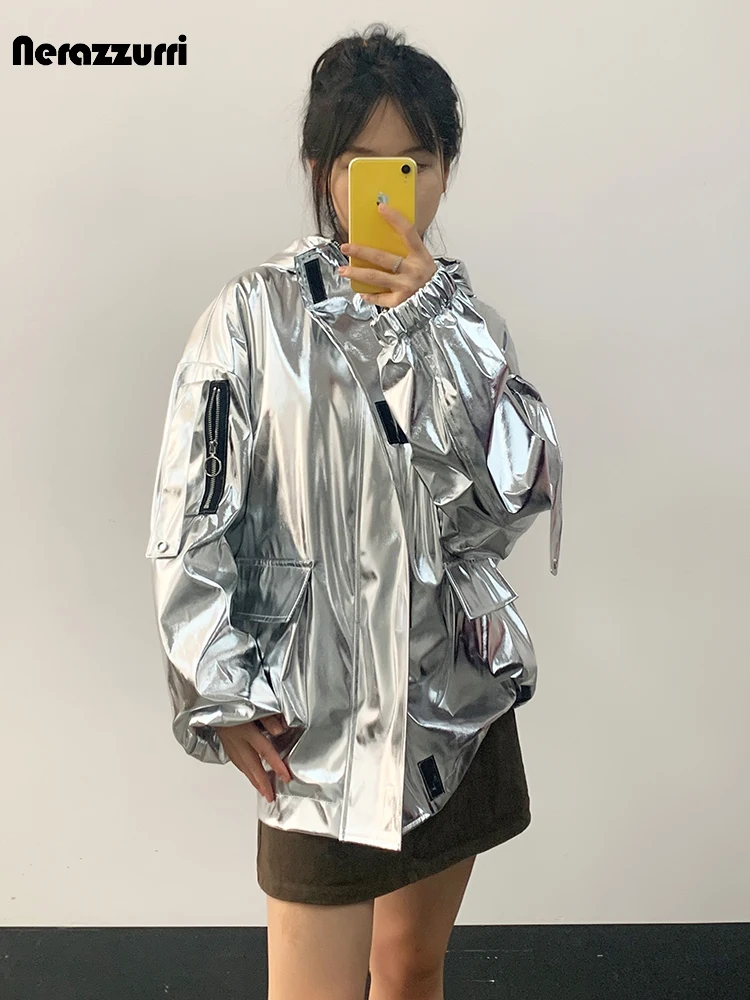 Nerazzurri Spring Oversized Cool Silver Gold Blue Shiny Reflective Patent Pu Leather Jacket Women with Hood Unisex Y2K Clothes