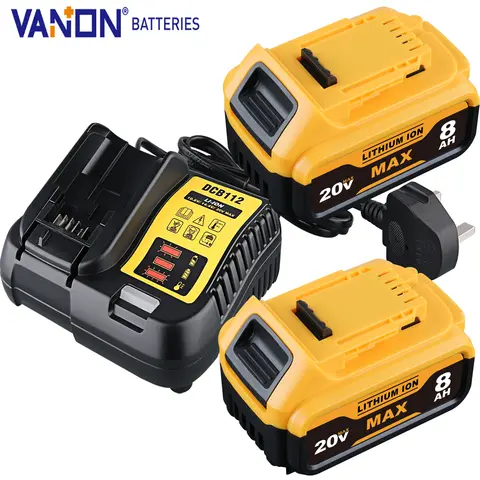 Vanon DCB205 Batteria da 2 pacchi 8.0Ah 20V MAX e caricabatterie DCB112 DCB200 DCB180 DCB206-2 Batteria per utensili Sostituisci per perno batteria DeWalt
