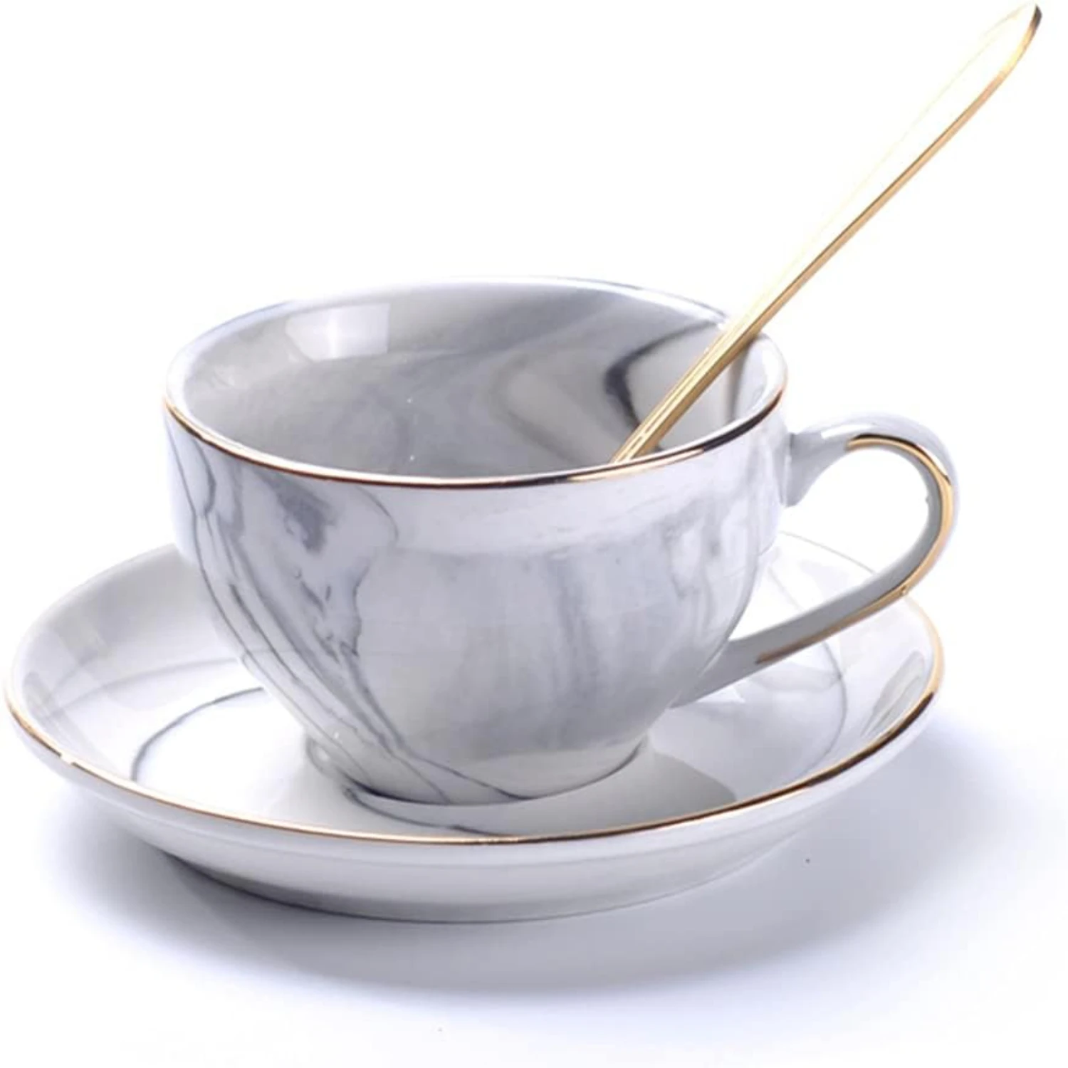 Golden Rim Teacup - Premium Quality Hand-made Bone China Cup and Saucer Set for Specialty Coffee Drinks, Latte, Cafe Mocha, and