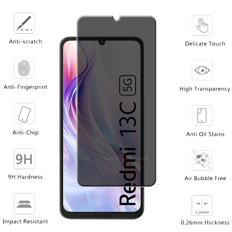 4Pcs For Redmi 13C 5G Glass Xiaomi Redmi 13C 5G Tempered Glass Protective Privacy Anti-Spy Cover Glue Screen Protector Redmi 13C