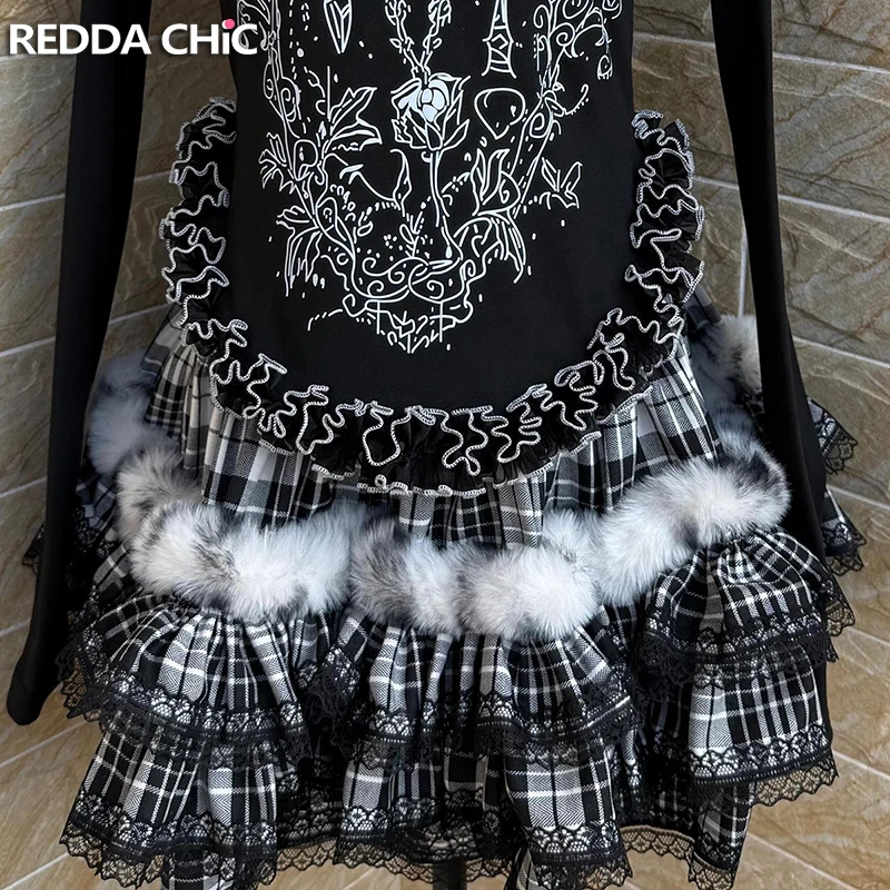 ReddaChic Plaid Black Puffy Mini Skirt Grunge Retro Fuzzy Tiered Ruffle Elastic Waist Liner Cake Skirt Goth Lolita Women Bottoms