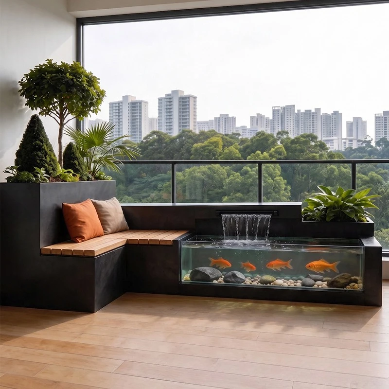 Aluminum alloy balcony creative flowing water fish tank flower box combination, floor-to-ceiling tempered glass terrace