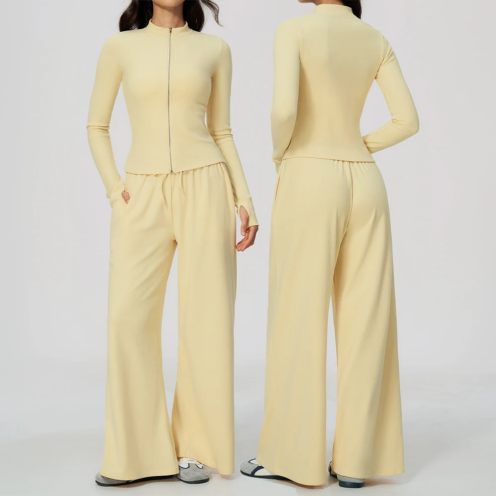 Women Yoga Set 2PCS Tracksuit Sports Set Zip Up Long Sleeve Wide Leg Sweatpants Drawstring Pockets Gym Suit Workout Running Warm