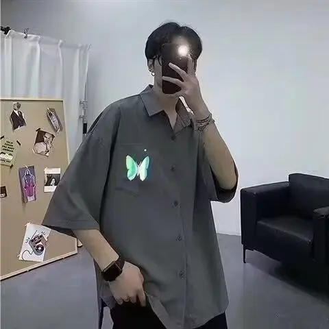 

Summer Print Men's Short Sleeve Shirt Korean Style Five-Point Half Sleeve Reflective Outerwear Casual Loose Fit