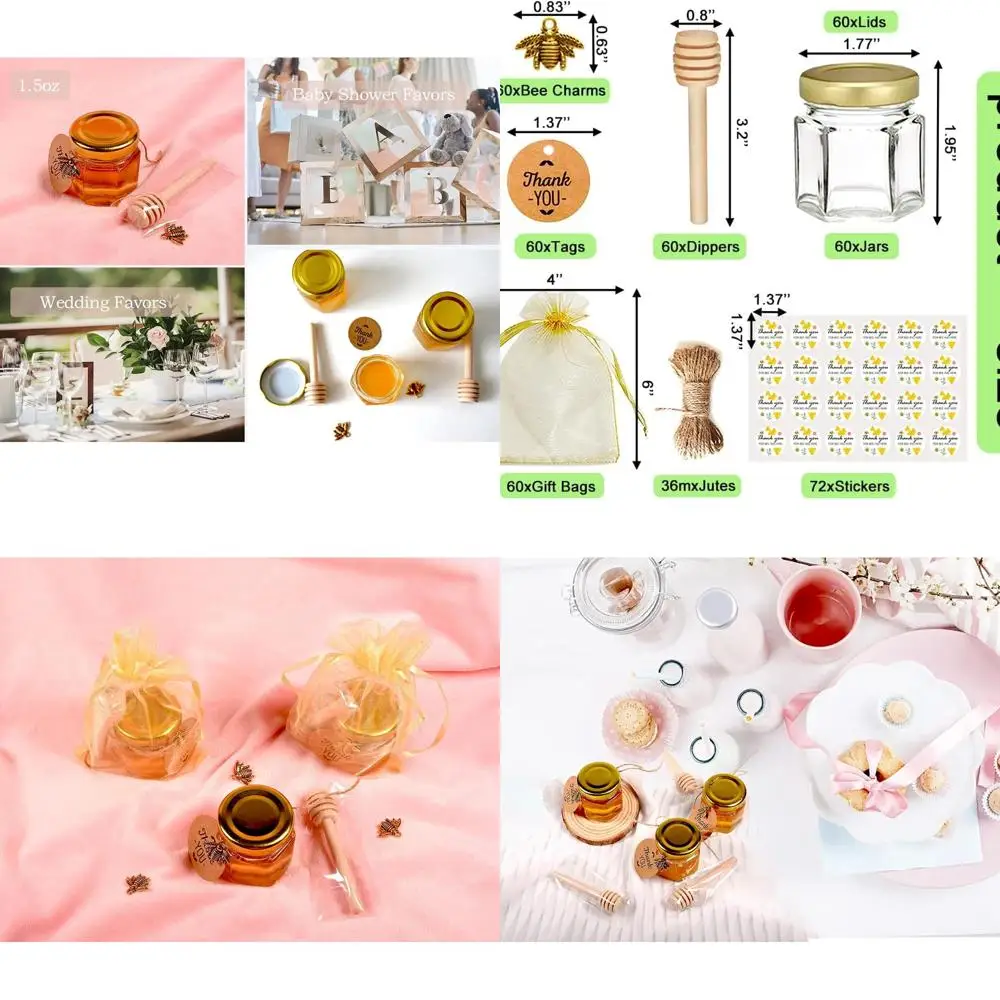 

Hexagonal 1.5oz Honey Jars with Dipper, Gold Lid & Bee Charms - Set of 60 for Baby Showers & Weddings