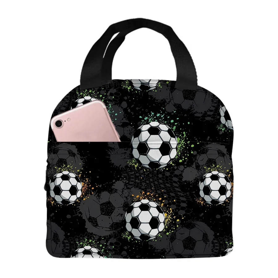 Football Pattern Insulated Small Handheld Lunch Bag for Boys/Girls Children Best Gifts 2D Flat Cartoon Picnic Bag School Bento