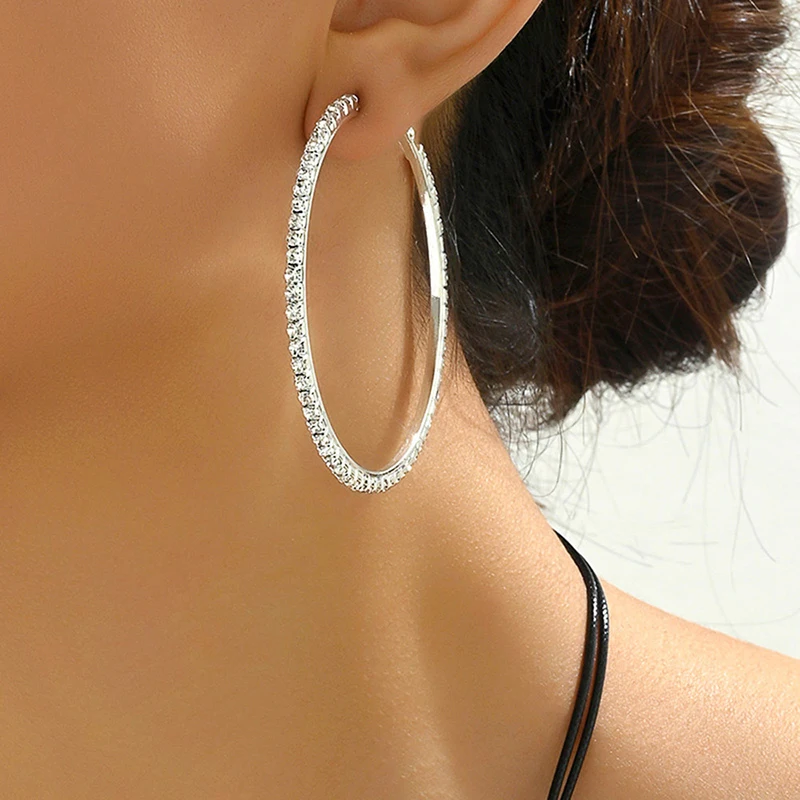 Mode 30-80mm Hoop Ohrringe Für Frauen Mädchen Kristall Strass Ohrringe Gold Silber Farbe Runde Ohrringe Partei schmuck Geschenk – Detail 5