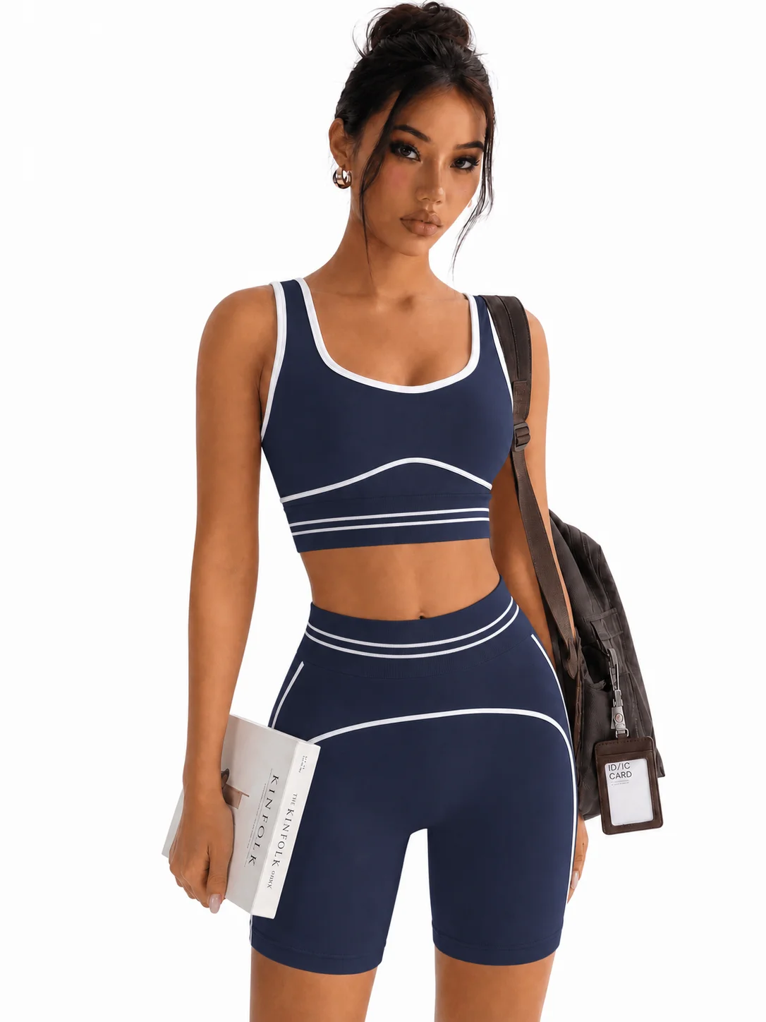 Women Contrast White Trim Yoga Set 2 Piece U Neck Padded Sports Bra High Waist Biker Shorts Gym Workout Fitness Running Activewe