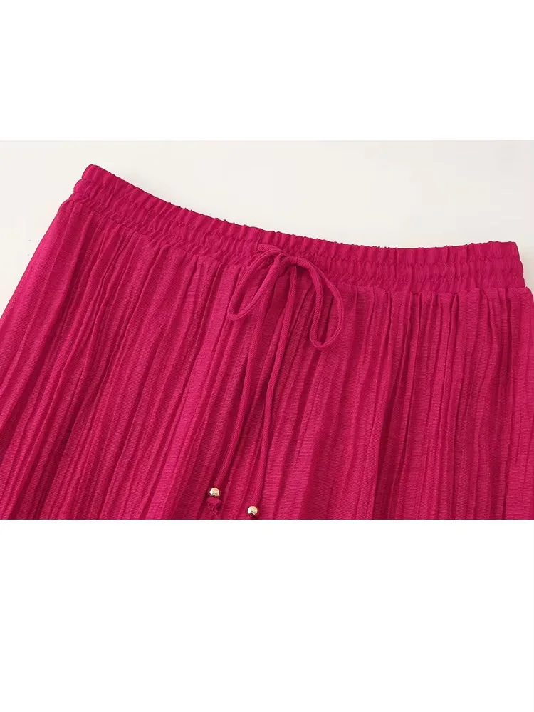 HH Set estivo da donna con decorazione a pieghe, senza schienale, senza maniche, top corto + gonna longuette con lacci in vita elastica