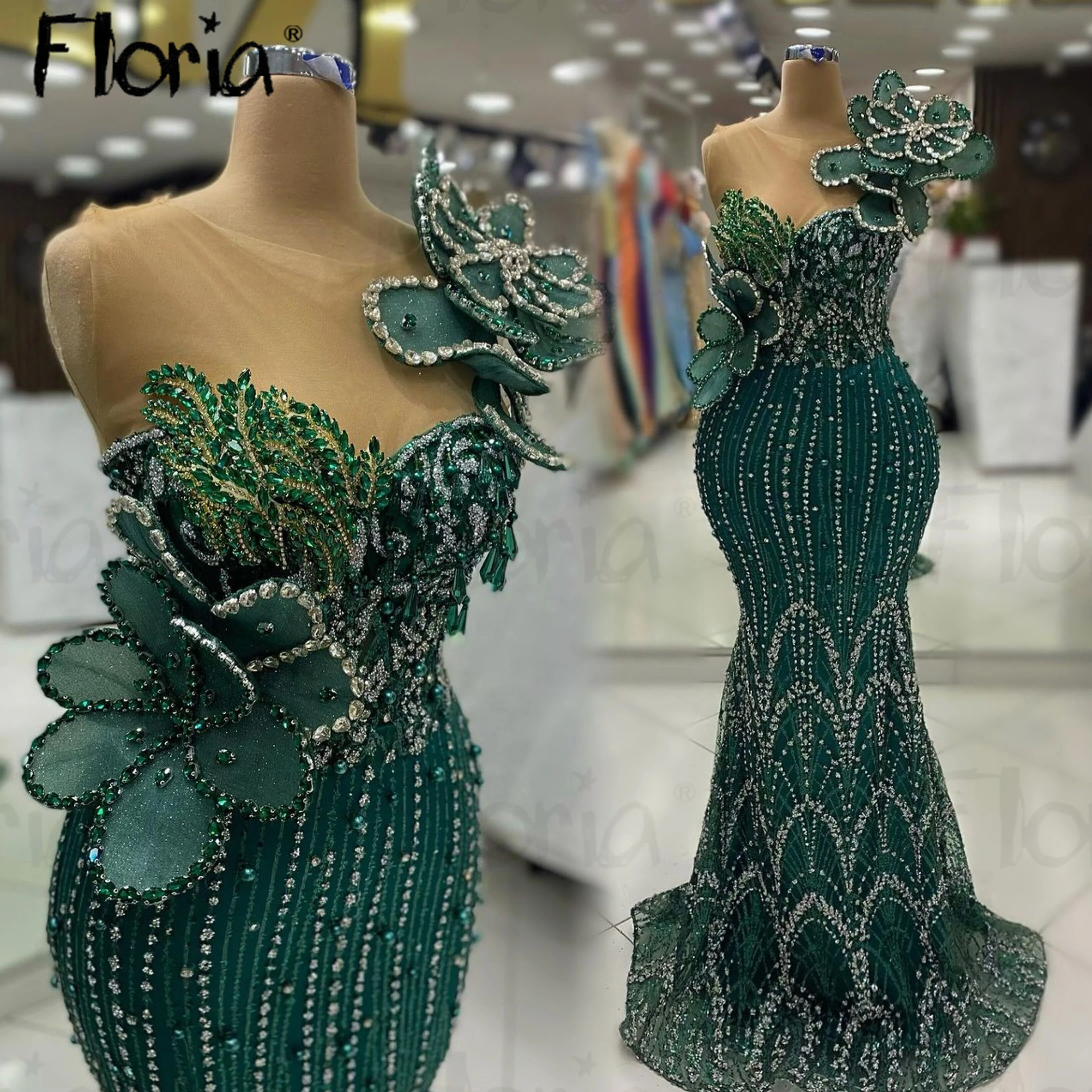 Green 3D Flowers One Shoulder Party Dress Glitter Mermaid Midi Long Cocktail Dress 2024 Women Wedding Guest Night Gowns Elegant