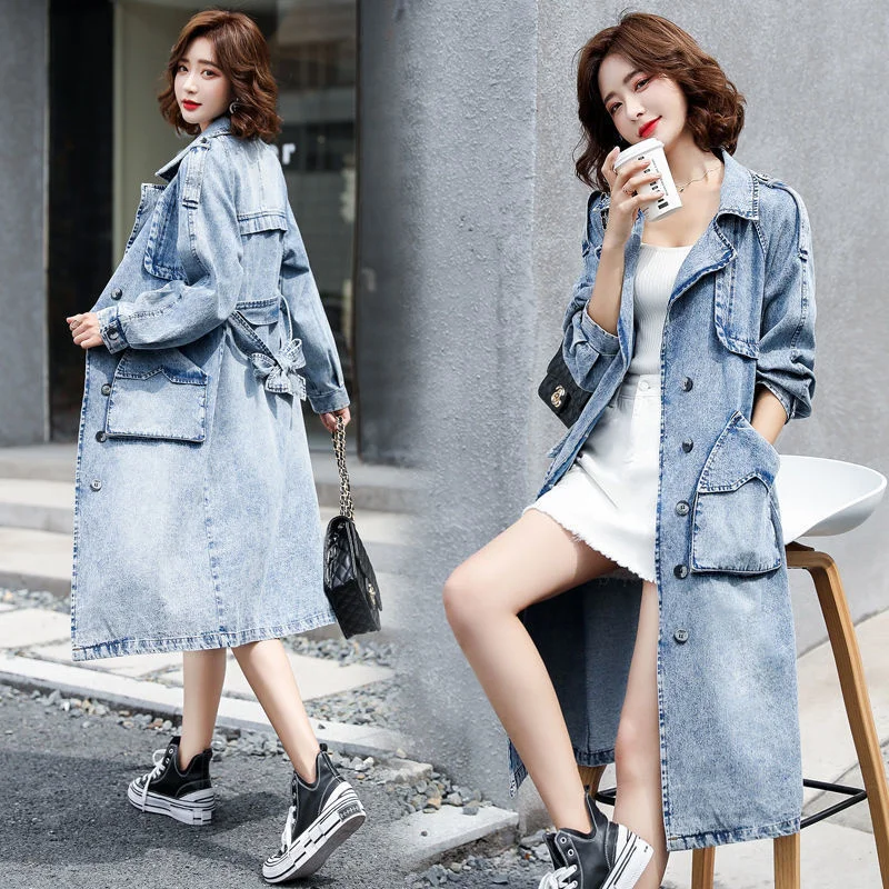 

Nice Pop Autumn Vintage Women Jeans Jackets Casual Tops Loose Mid-length Denim Outerwear WomenFemale Basic Coats Cowboy Overcoat