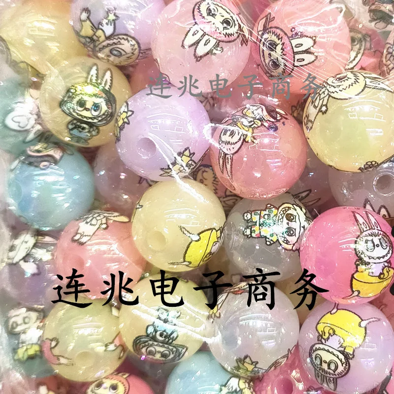 5pcs labubu cartoon anime acrylic beads transparent background printed beads for diy jewelry making bracelets materials 16mm