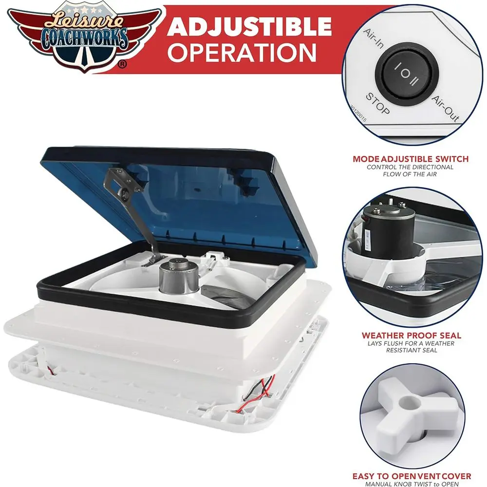 11" x 11" RV Roof Vent Fan With LED Light 12V Manual Riser Reversible Manual Lift with Smoked Lid view 6