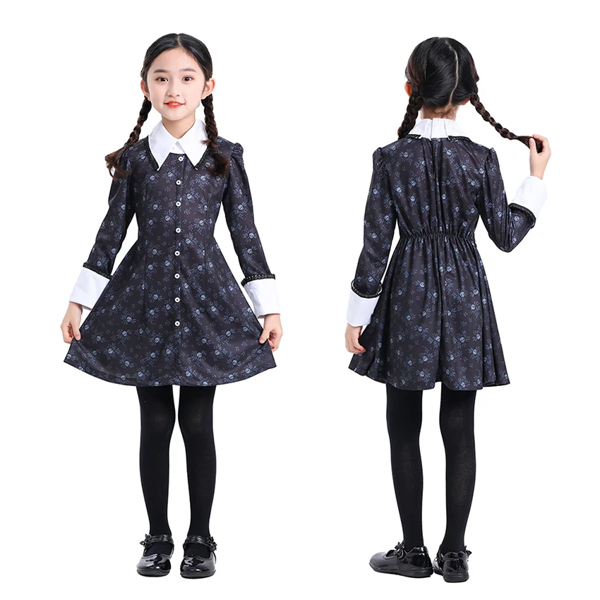 

Gothic Dresses Wednesday Adams Lolita Girl Princess Halloween Costumes for Kids Adams Cosplay Anime Masquerade Skirt Disguise