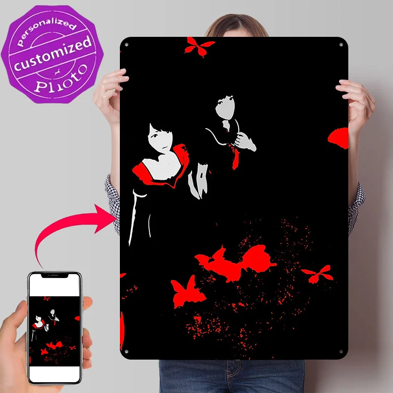 Two Girls With Red Butterflies Personalized 3D Textured Metal Poster Wall Art Tinplate Sign for Bar Accessories Wand Deko Decor
