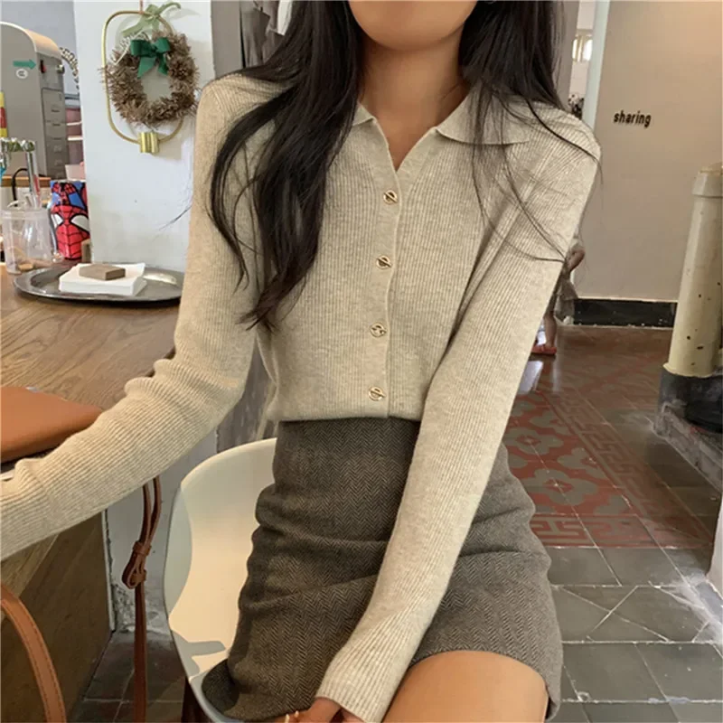 Women 2024 New Lapel Slim Slimming Sweater Tops Ladies Hollow Buttons Sexy V Neck Long Sleeve Knit Cardigan Sweater Women