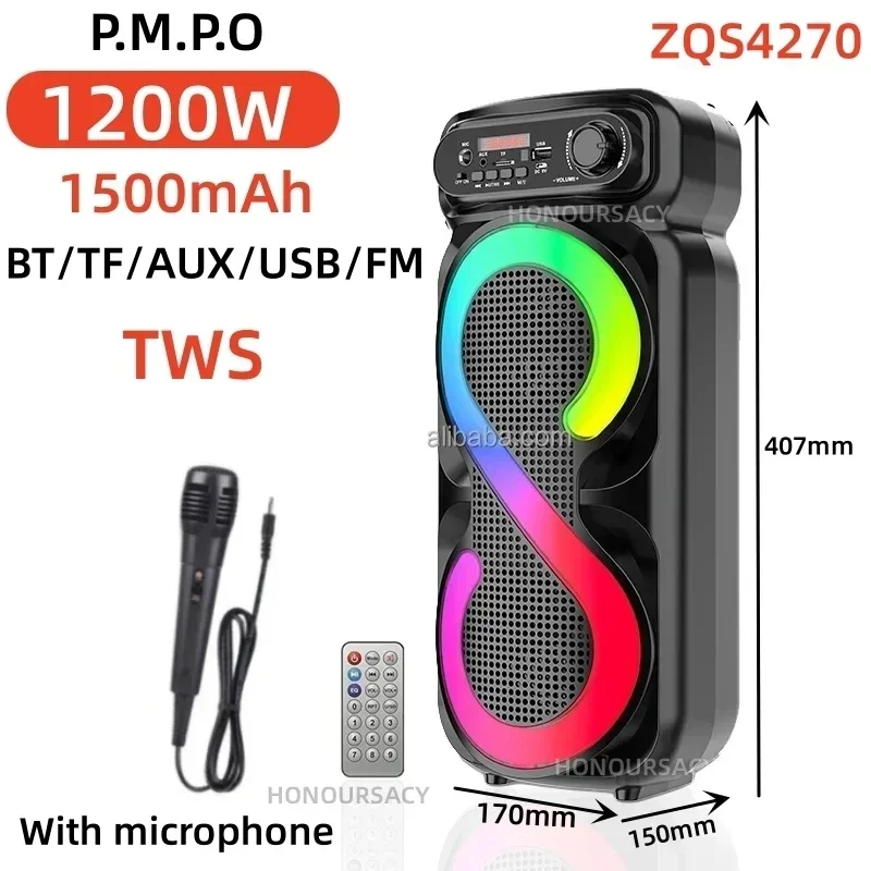 1200W wireless Bluetooth speaker LED color light outdoor portable player stereo surround sound system audience Altavoz Bluetooth