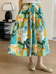 Beach Long Skirts for Women Seaside Vacation Elastic Waist Beach Skirt Large Hem Vacation Green Print Long Skirts