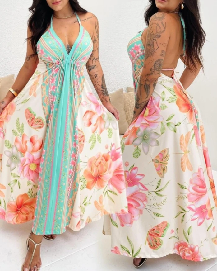 

Women's Fashion Floral Print Halter Sleeveless Maxi Dress Daily Clothing New Women Casual Hollow Out Flowy A Line Vacation Dress