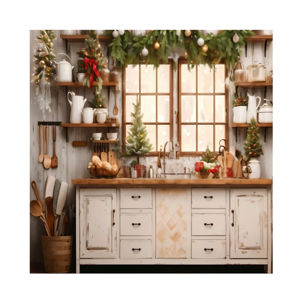 Laeacco Christmas Retro Kitchen Cabinet Background White Wood Pine Needle Cook Indoor Family Party Portrait Photography Backdrop