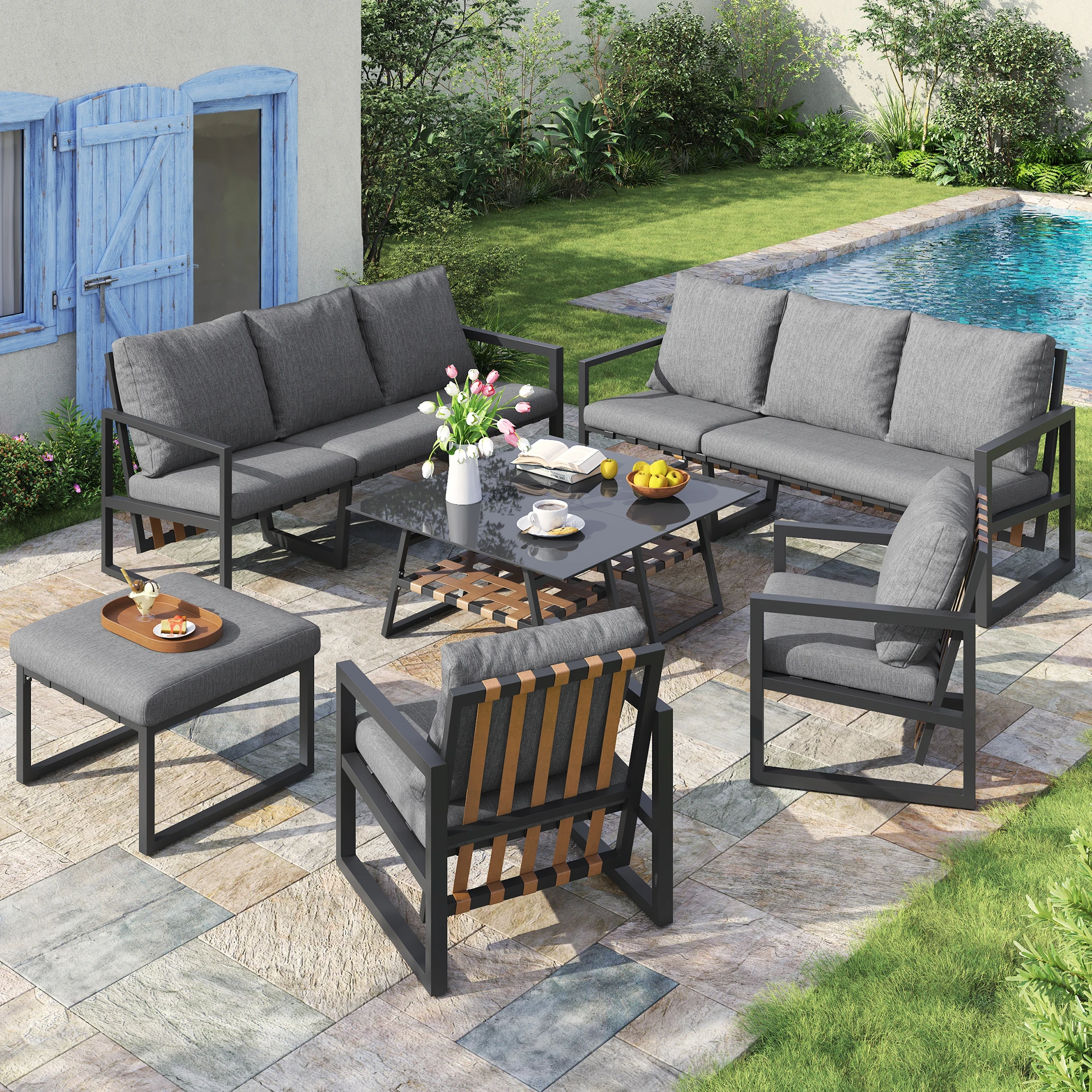 Gartensofa-Set, Gartenmöbel-Set, Outdoor-Sofa, 2 Dreisitzer-Sofas, 2 Sessel, 2 Couchtische und Fußhocker